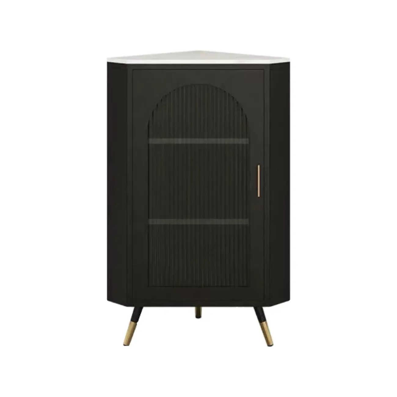 Elegant White Black Faux Marble Top Arch Glass Corner Cabinet