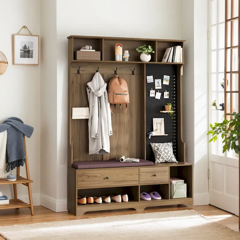 Hall Tree with Shoe Bench, Coat Rack, Shelves and Pegboard