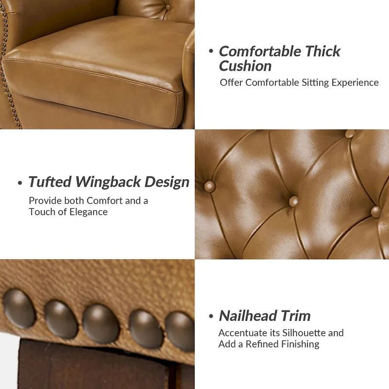 Traditional Genuine Leather Accent Chair with Tufted Wing Back
