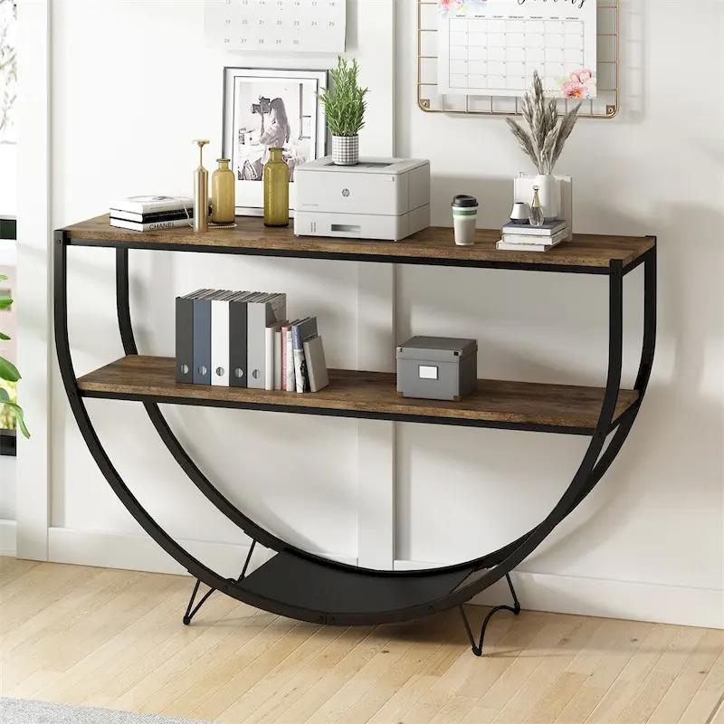 Rustic Demilune Shape Textured Metal Distressed Wood Console Table
