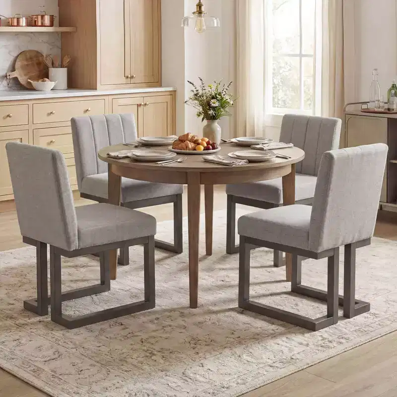 Beige+Gray / Walnut Farmhouse Upholstered Dining Chair, Armless, 2/4 PCS