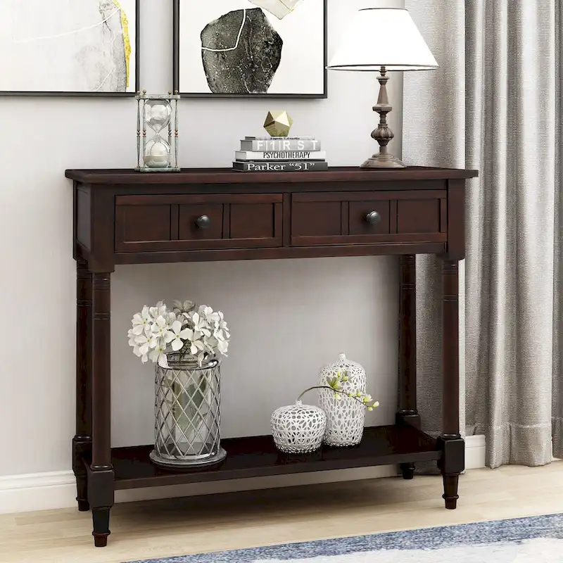 Daisy Series Console Table Traditional Design with Two Drawers and Bottom Shelf Acacia Mangium
