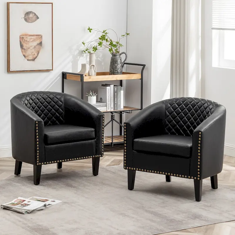 KINWELL 29 PU Faux Leather Club Armchair with Nailheads, Set of 2