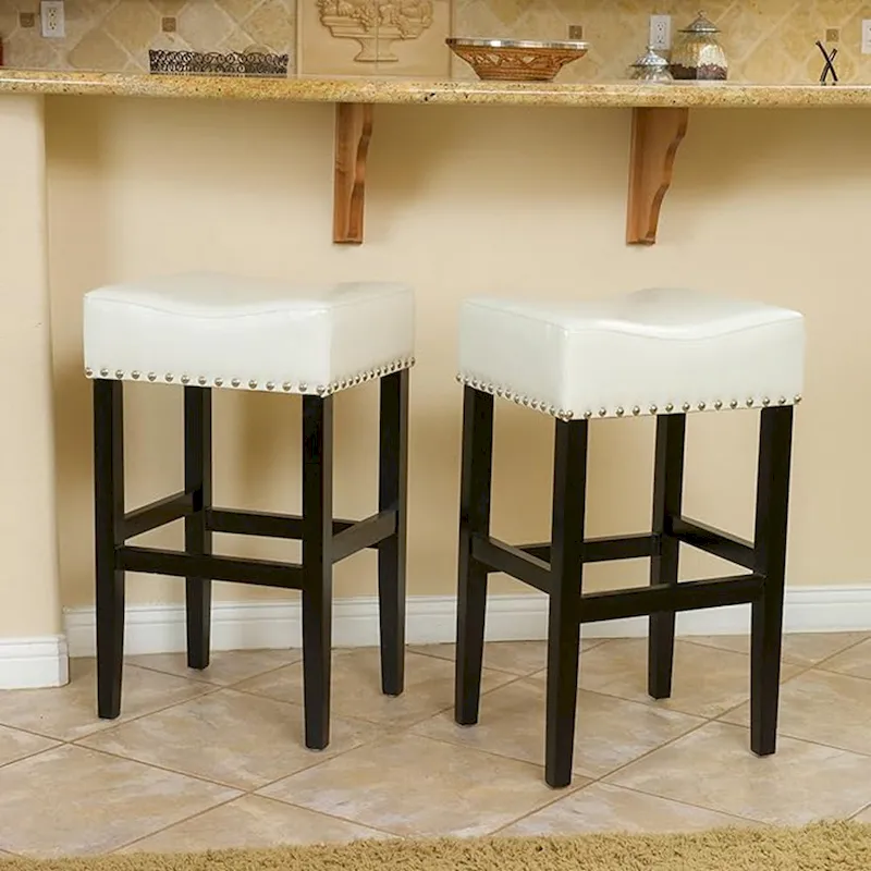 Roomfitters 30 Backless Leather Counter Stools, Set of 2 Upholstered Bar Height Chairs with Wood Frame, Ivory