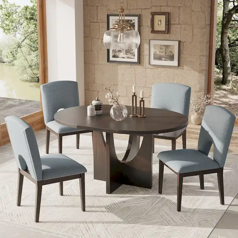 5-Piece Round Extendable Dining Table Set with Upholstered Chairs
