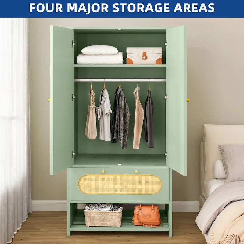 Moasis 70 Rattan Armoire Bedroom Wardrobe with Drawer & Hanging Rod