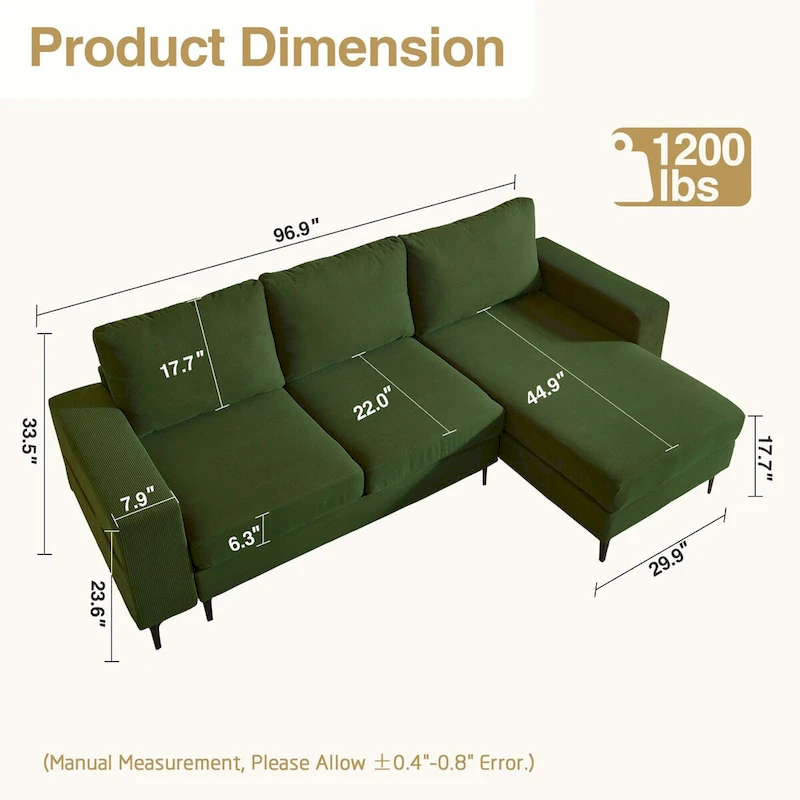 HOOOWOOO L-Shaped Upholstered Sofa Couch with Metal Legs