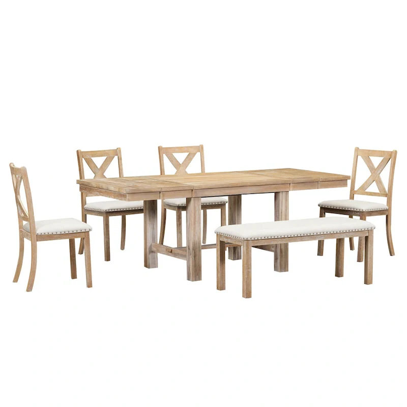 6-Piece Wooden Dining Table Set with Extendable Table & 4 Chairs & Bench