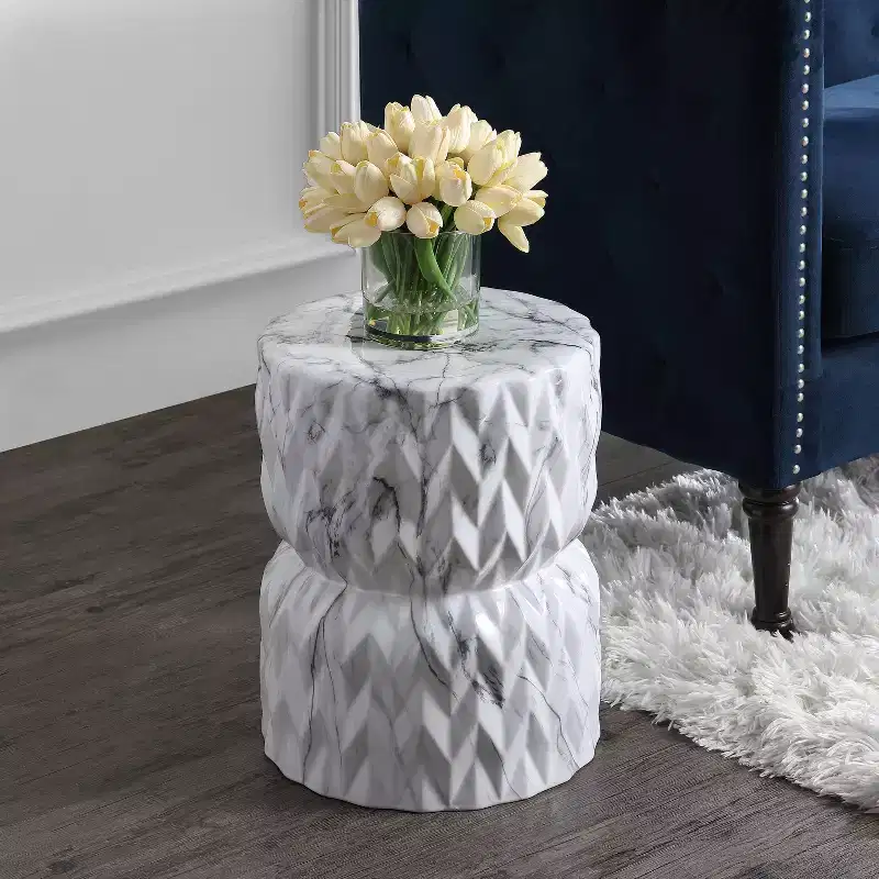 JONATHAN Y Chevron Drum 17.5 White Marble Finish Ceramic Garden Stool/Accent Table