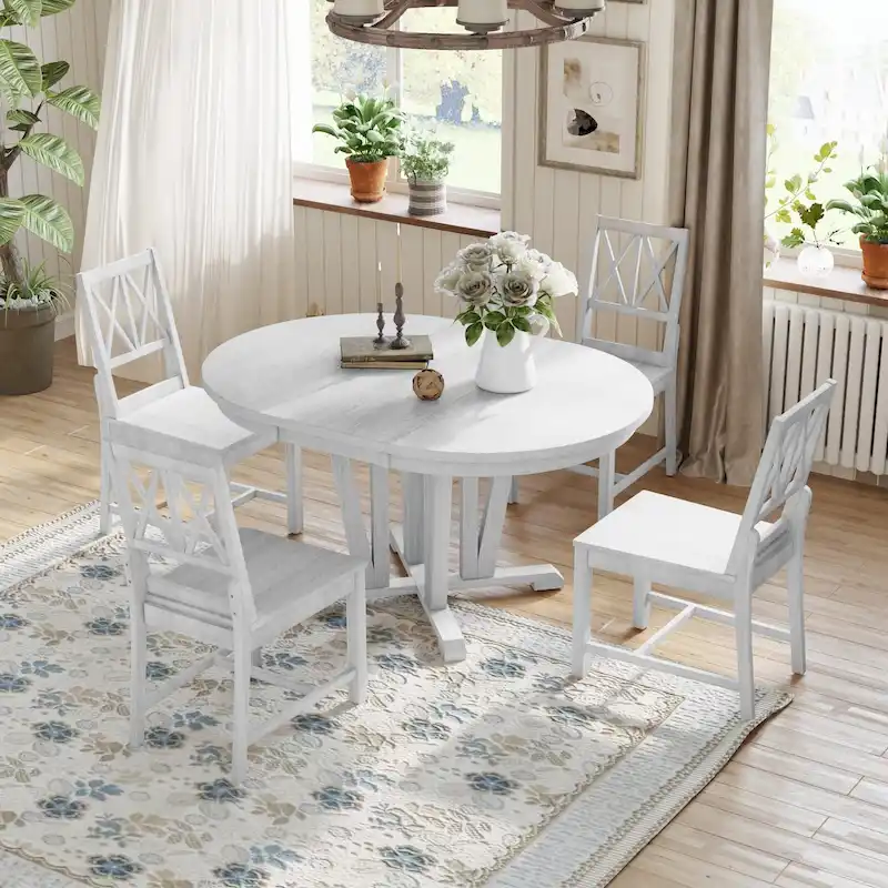 5 Piece Extendable Round Dining Table Set, Solid Wood Kitchen Dining Table and Chairs Set with 4 Cross Back Dining Chairs
