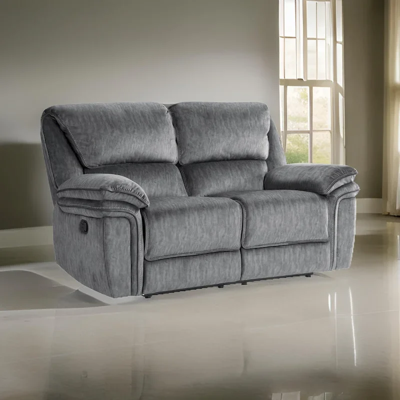 Muir 65 Inch Manual Recliner Loveseat, Tufted Gray Microfiber, Solid Wood