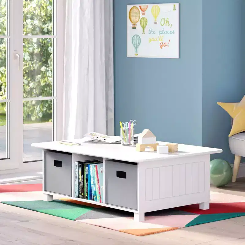RiverRidge Kids' Desk, Activity and Play Table with 6 Storage Cubbies White with 2 Fabric Bins