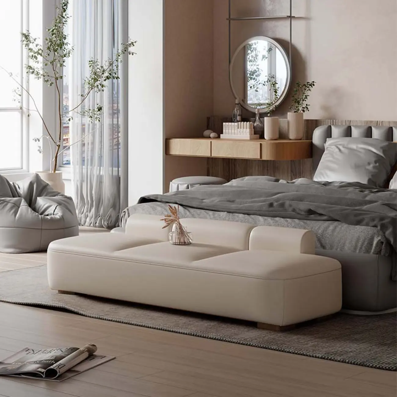 Modern Upholstered Leather Tufted Long Bedroom Bench