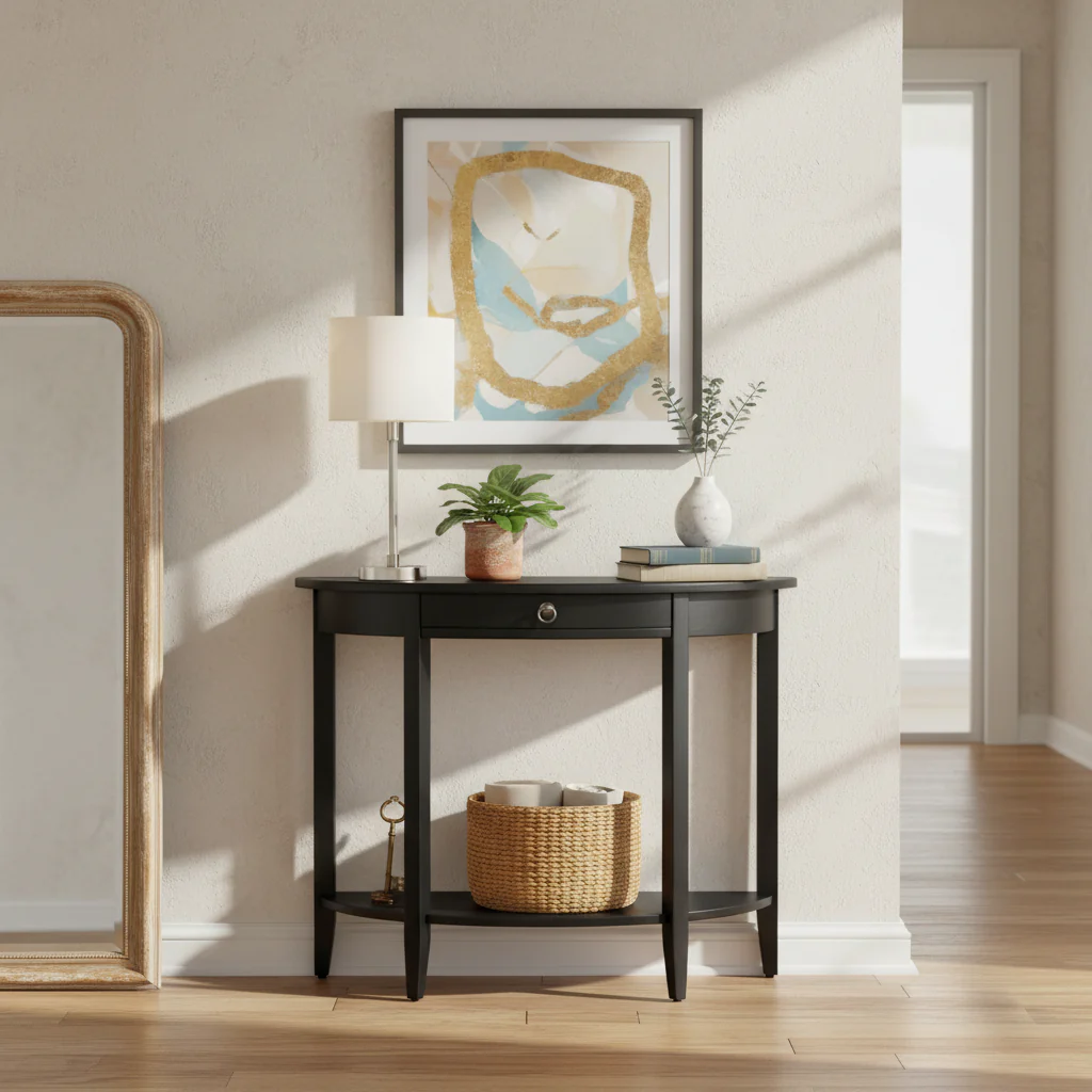 Wooden Half Moon Shaped Console Table with One Storage Drawer - 28 H x 13 W x 26 L Inches