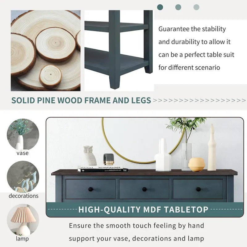 Pine Solid Wood Console Table with Two Open Shelves