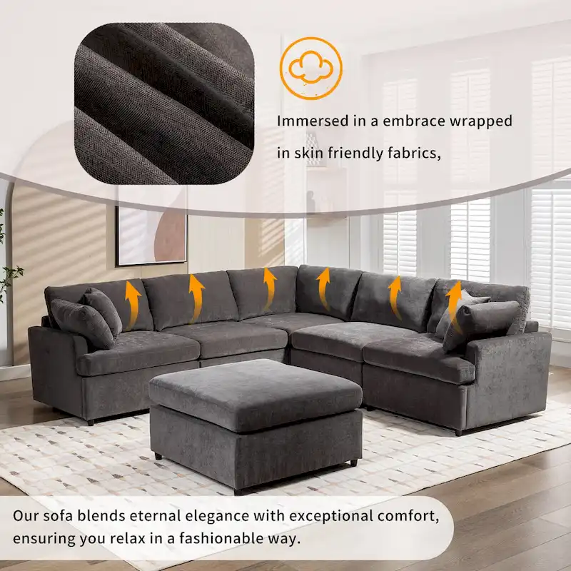 100.4 Spacious U-Shape 6 Seater Sectional Sofa with Removable Ottomans and Pillow, Flexible Configuration