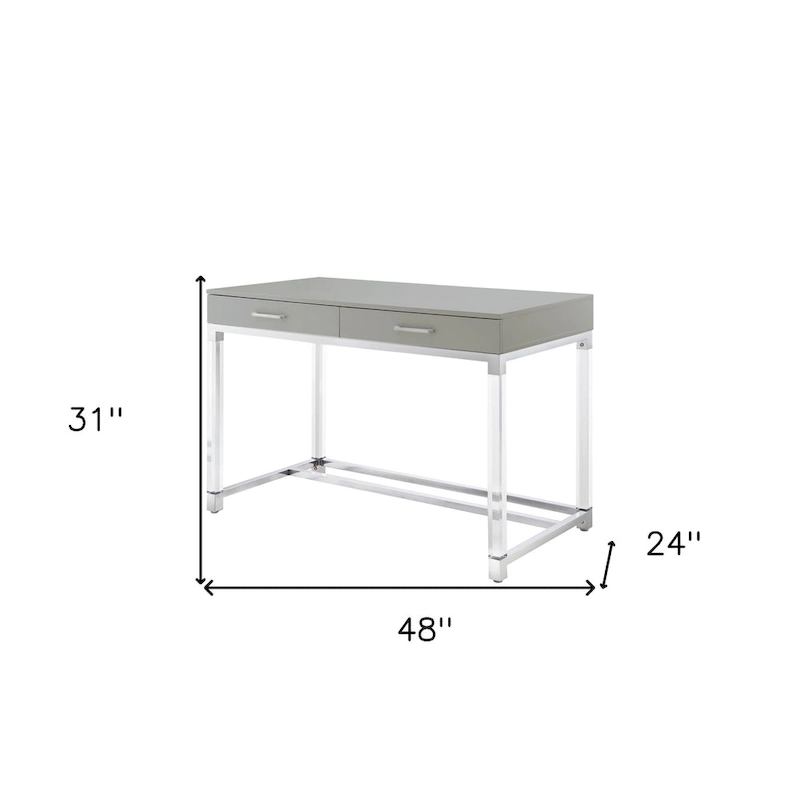 HomeRoots 48 White Clear and Gold Wood Acrylic and Stainless Steel Writing Desk With Two Drawers