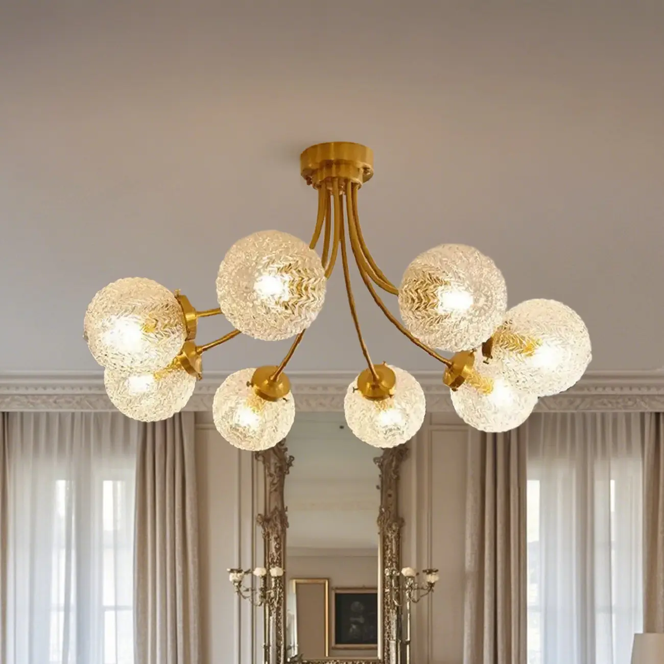 Elegant 6-Light Globe Glass Golden Semi Flush Ceiling Light