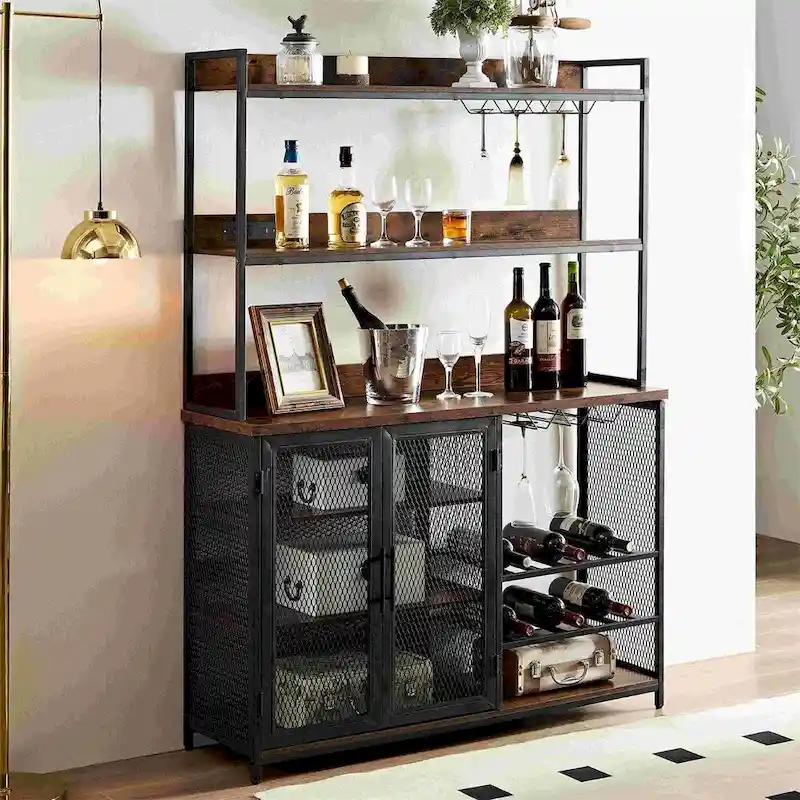3-Tiers Buffet Cabinet with LED Strip and Glass Holder,Power Outlet