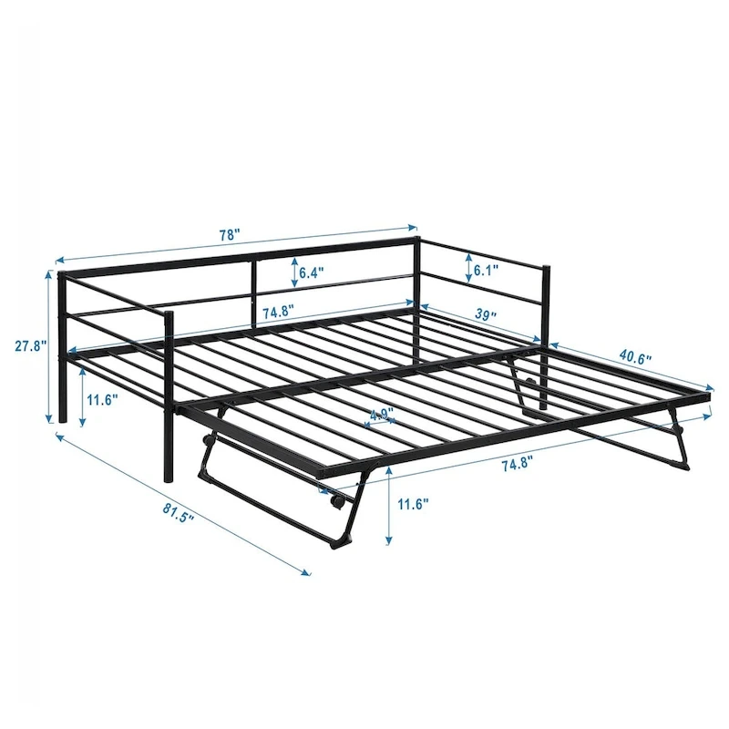 Black Industrial Style Metal Twin Daybed, Adjustable Pop-Up Trundle, Sturdy Frame