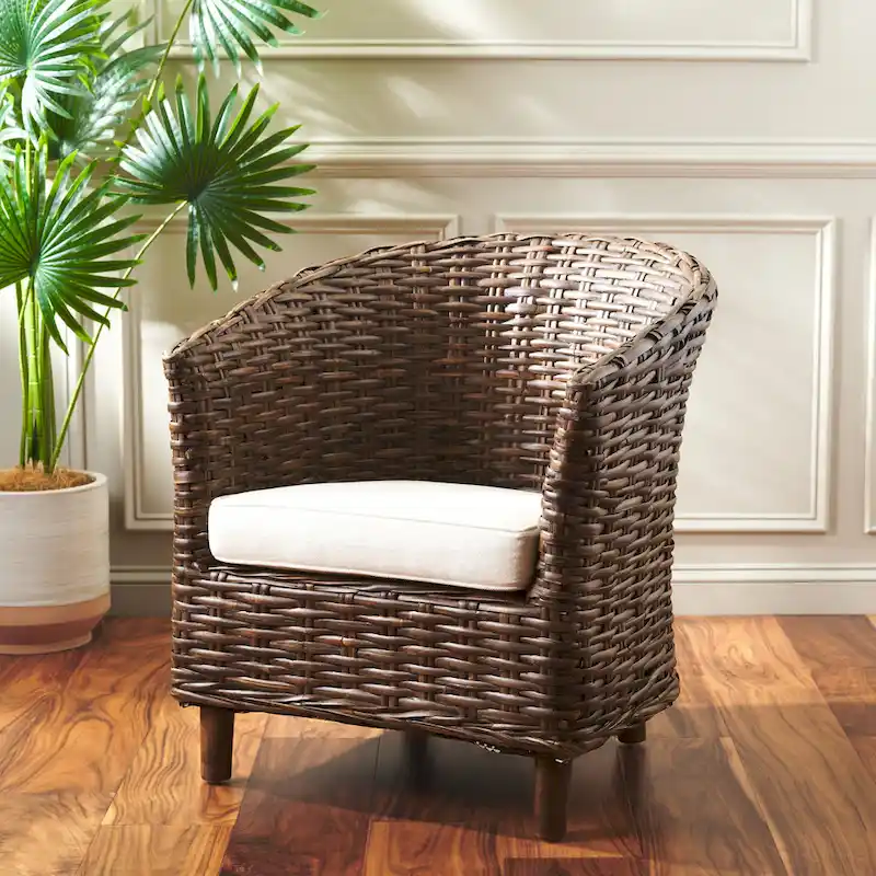 SAFAVIEH Charla Rattan Barrel Chair with Cushion - 29.1 x 27.2 x 32.7 - 29Wx27Dx33H