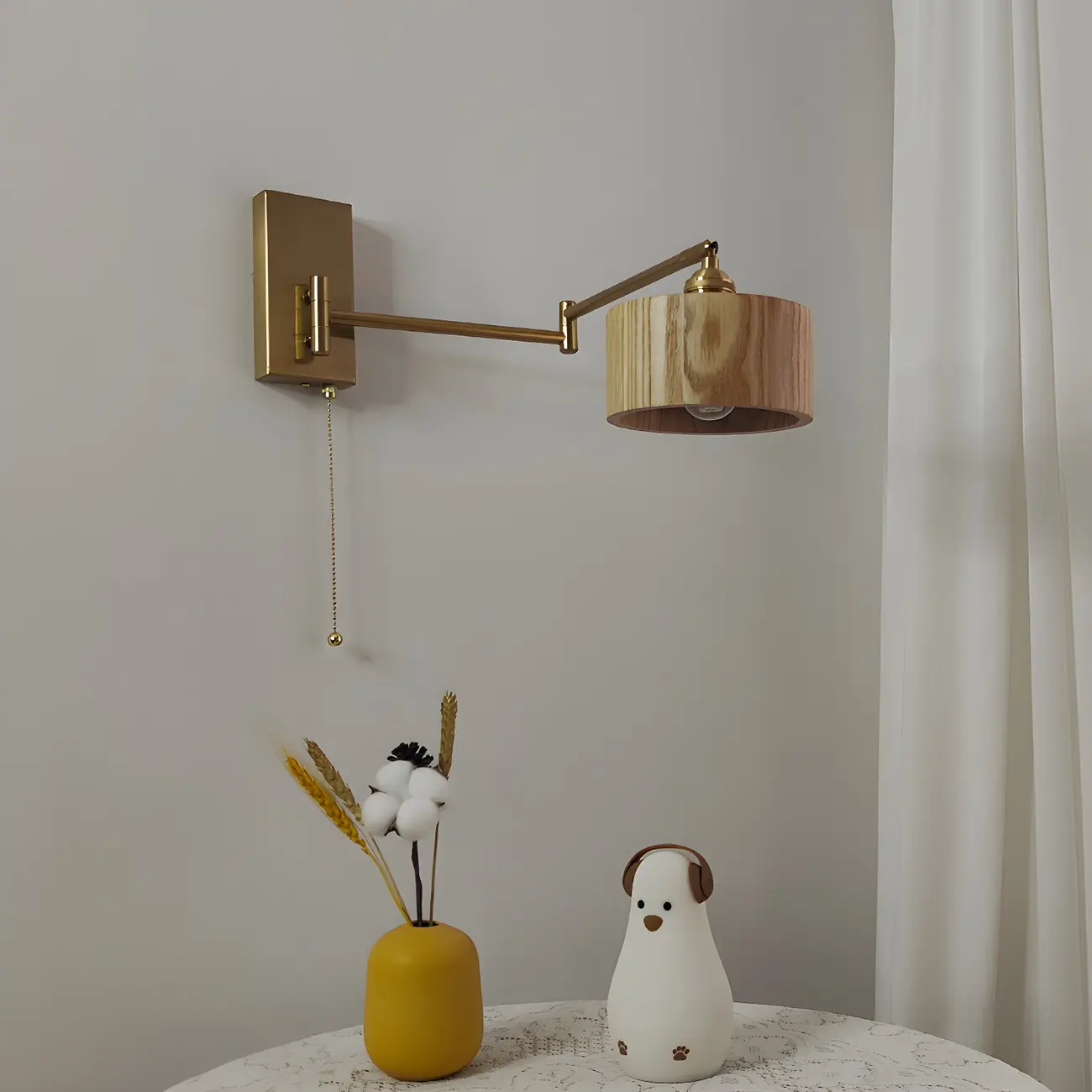 Brown Wood Shade Brass Metal Swing Arm Wall Light