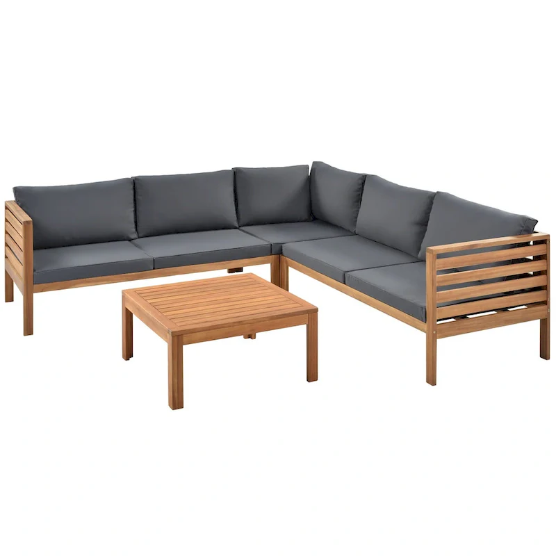 4-Piece Acacia Wood L-Shaped Sectional Sofa Set with Table