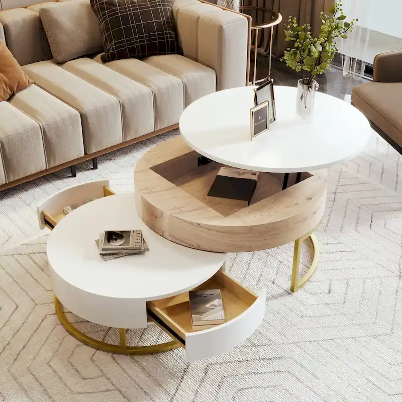 Modern Round Lift-top Nesting Coffee Tables with 2 Drawers
