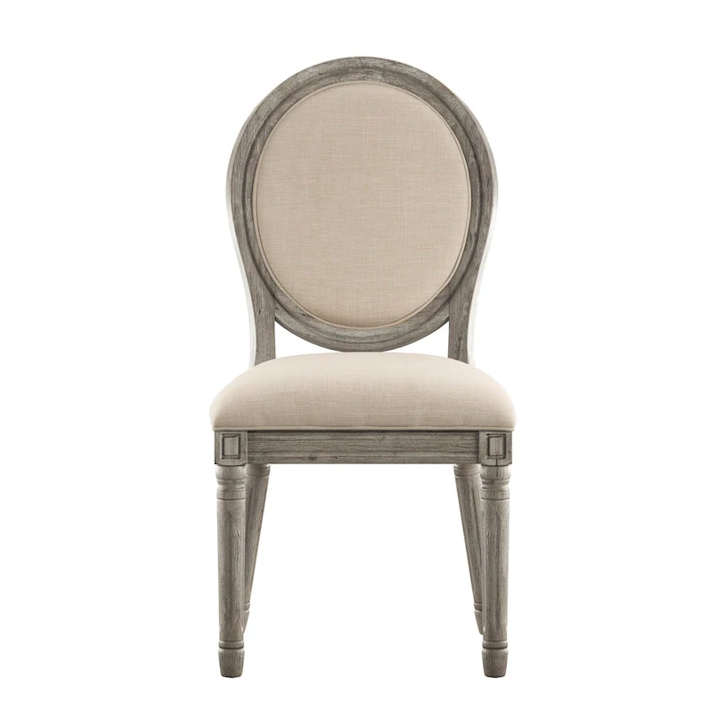 Round Linen and Wood Dining Chairs Set of 2, Artisan Style Upholstered Side Chairs