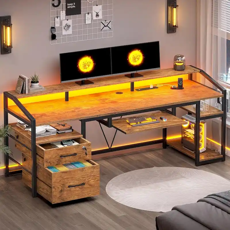 LED Computer Desk With Lock Drawers Keyboard Tray Power Outlet