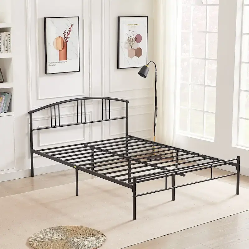 Modern Metal Bed Frames with Curved Headboard, No Box Spring Needed, Black