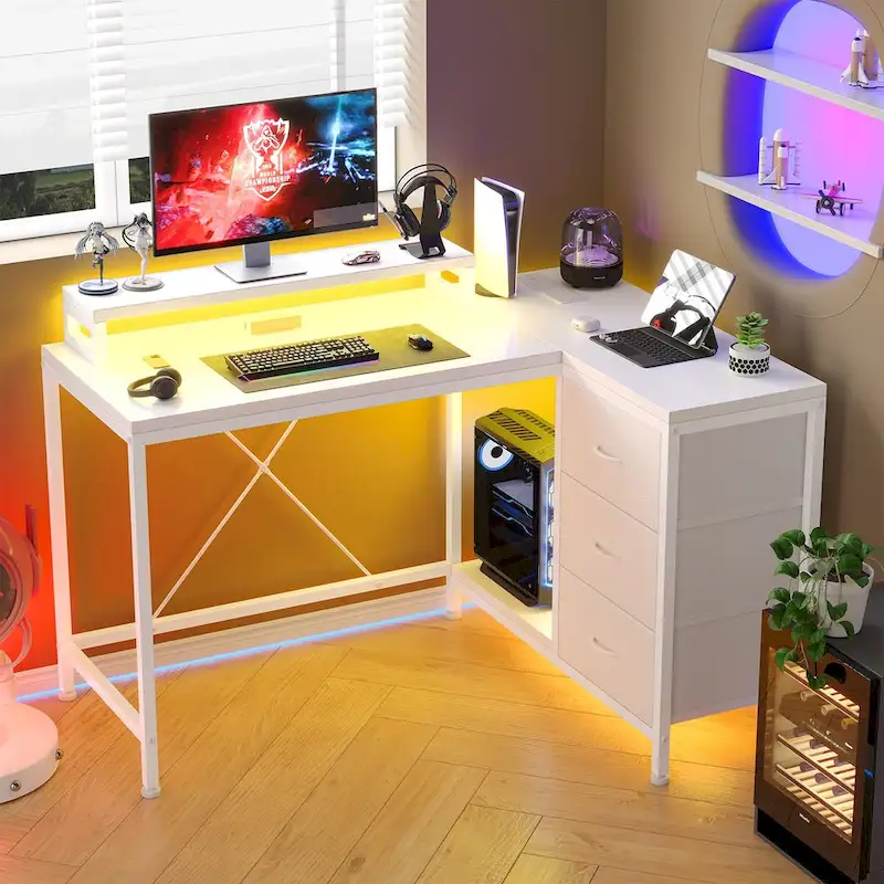 GIMMYFIVE L Shaped Gaming Desk with Power Outlets & LED Lights