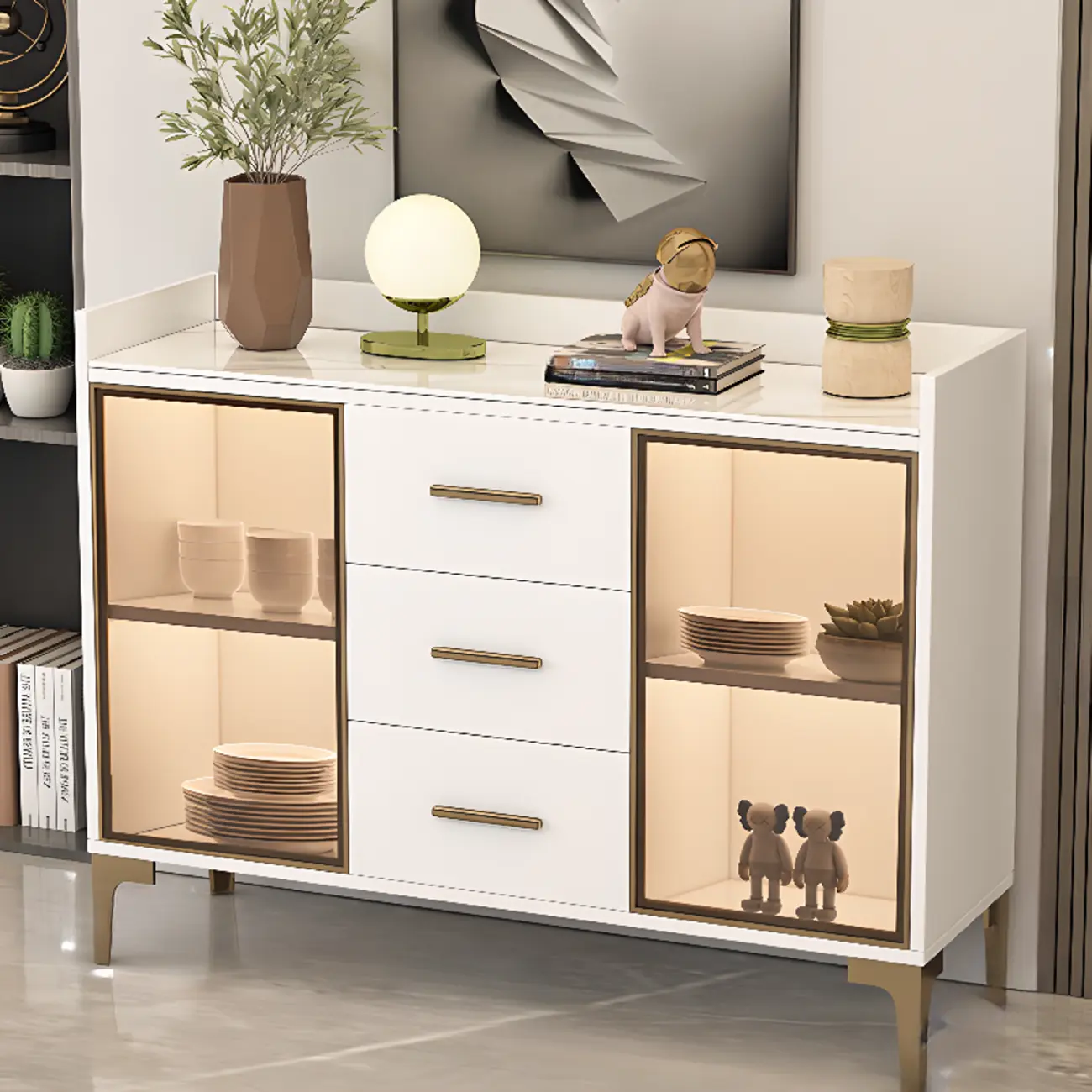 Trendy 6 Drawers White/Black Kitchen Cabinets with Metal Foot