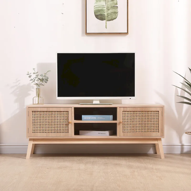 Boho TV Stand for 55 Inch TV, Entertainment Center with Adjustable Shelf