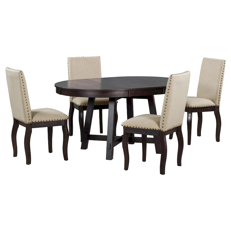 5 Piece Dining Table Set, Wooden Round Kitchen Dining Table Set with Extendable Dining Table and 4 Upholstered Dining Chairs