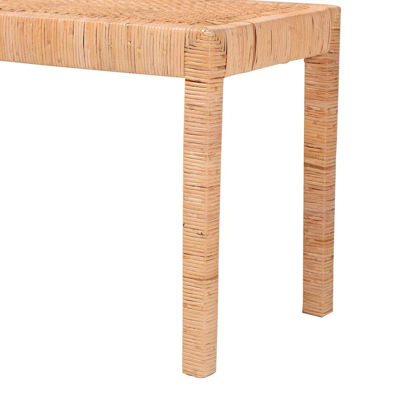 Abelia Modern Bohemian Natural Rattan and Mahogany Wood Accent Bench