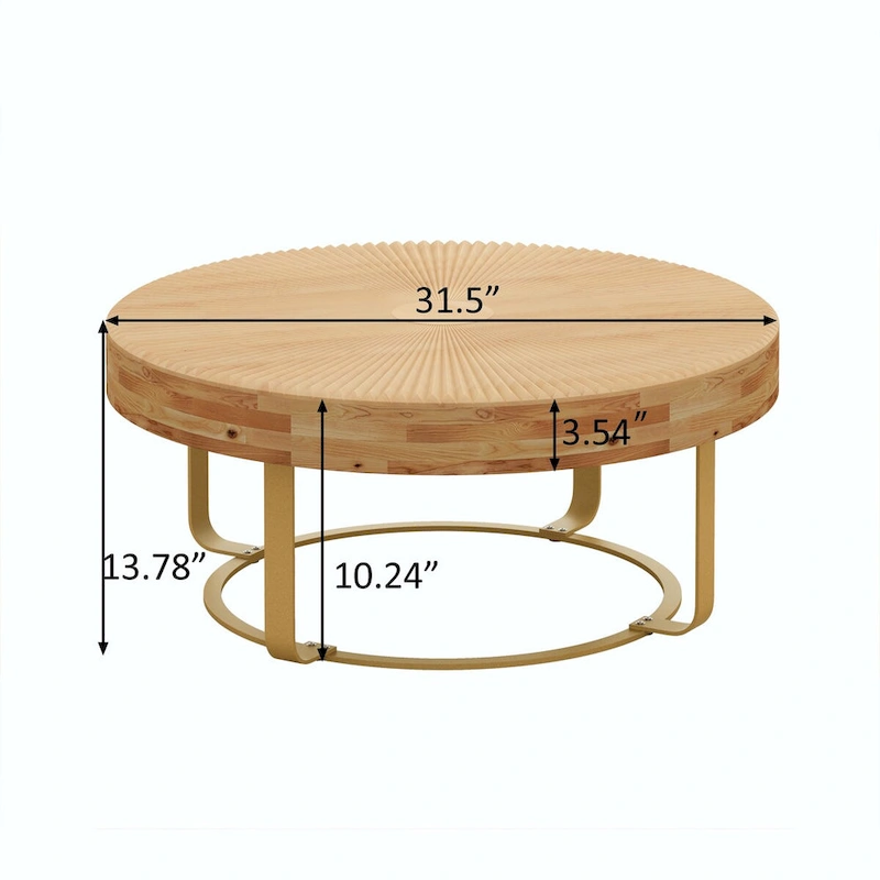 Modern Round Coffee Table with Wooden Carving Pattern and Metal Legs