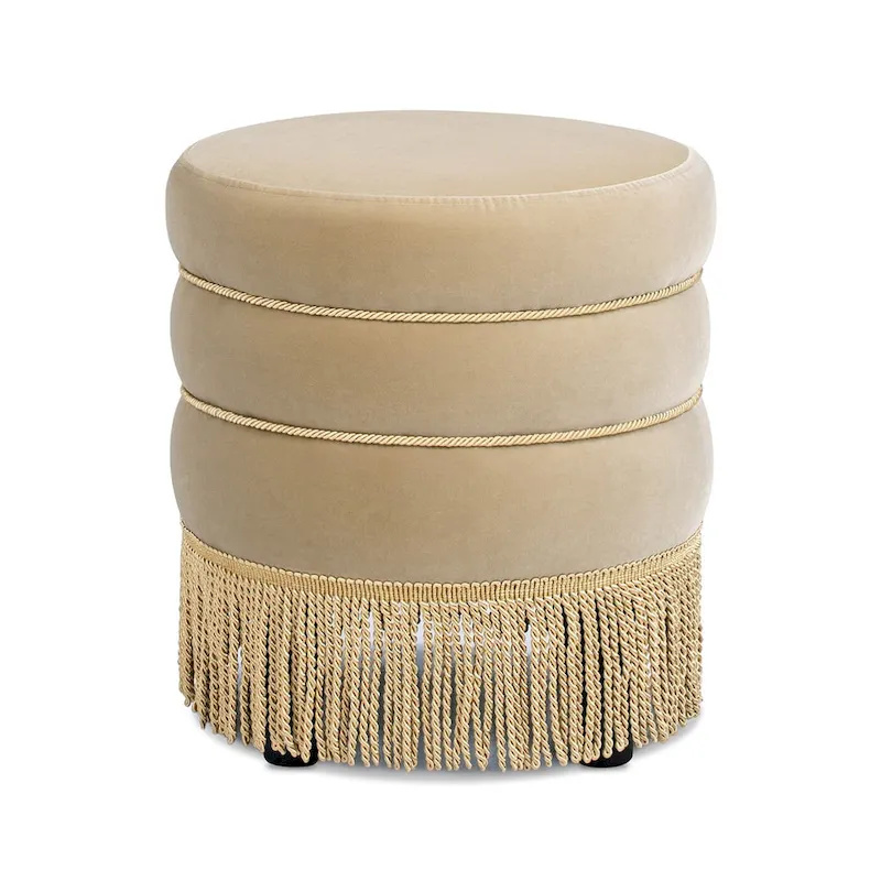 Edward 17.5 Round Upholstered Ottoman with Gold Bullion Fringe