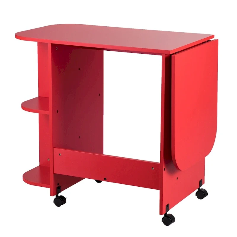 Farmhouse Red Foldable Rolling Sewing Table with Side Shelves
