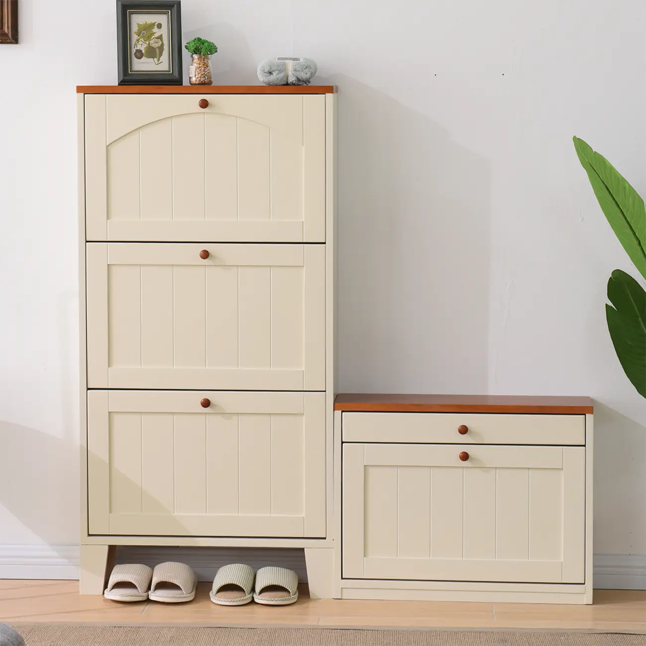 Entryway White/Tawny Wooden Wall-Mounted Shoe Cabinet