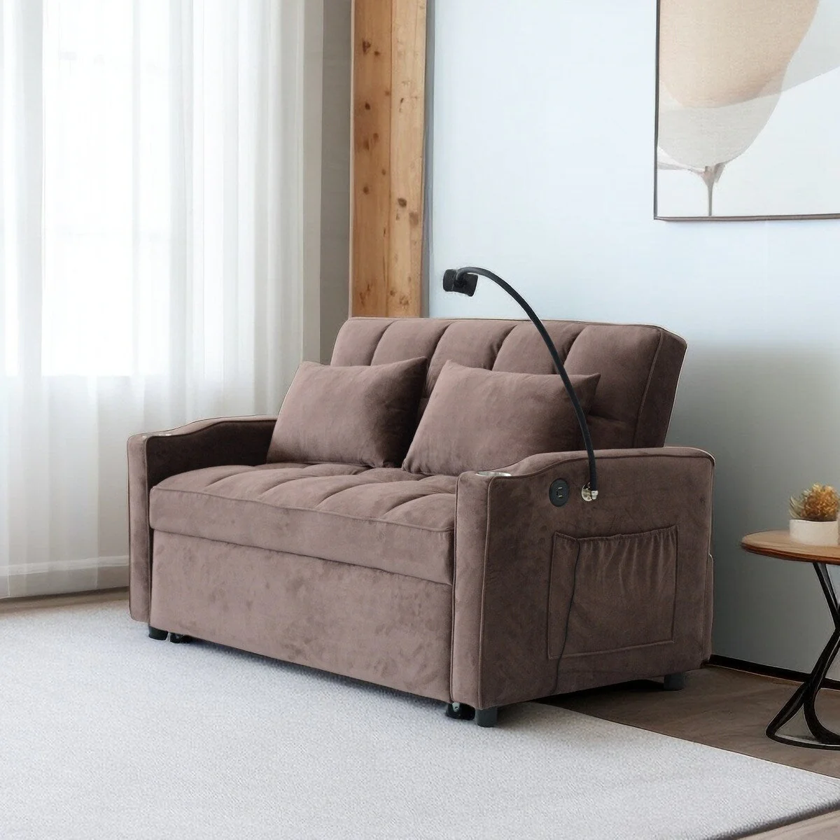 Brown Modern 54.33 Convertible Pullout Loveseat Sofa Bed with Reclining Backrest and Phone Holder