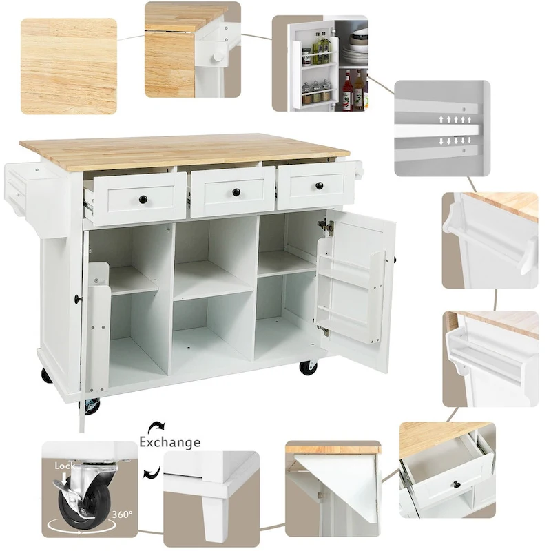 Kitchen Cart With Rubber Wood Drop-Leaf Countertop