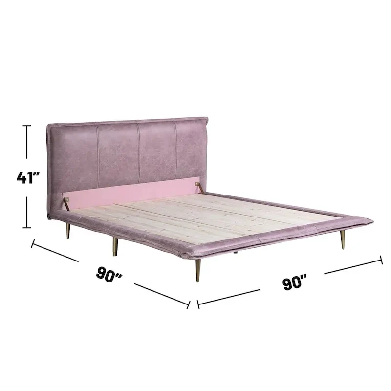 Top Grain Leather Eastern King Bed with Metal Legs in Pink Finish