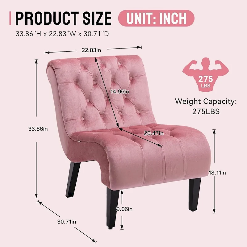 Velvet Armless Accent Chair, Button Tufted Slipper Chair, Side Chair, Lounge Chair