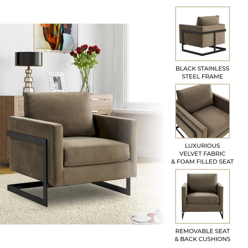 LeisureMod Lincoln Modern Velvet Arm Chair with Black Steel Frame - 35