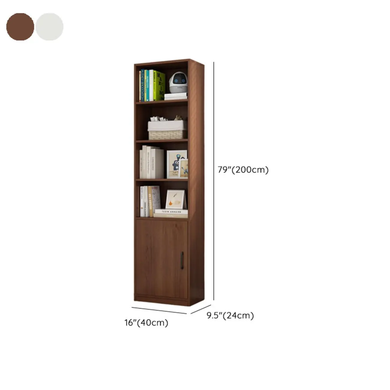 Narrow Modern Nut-Brown Wooden 3-Shelf Bookcase with Cabinet