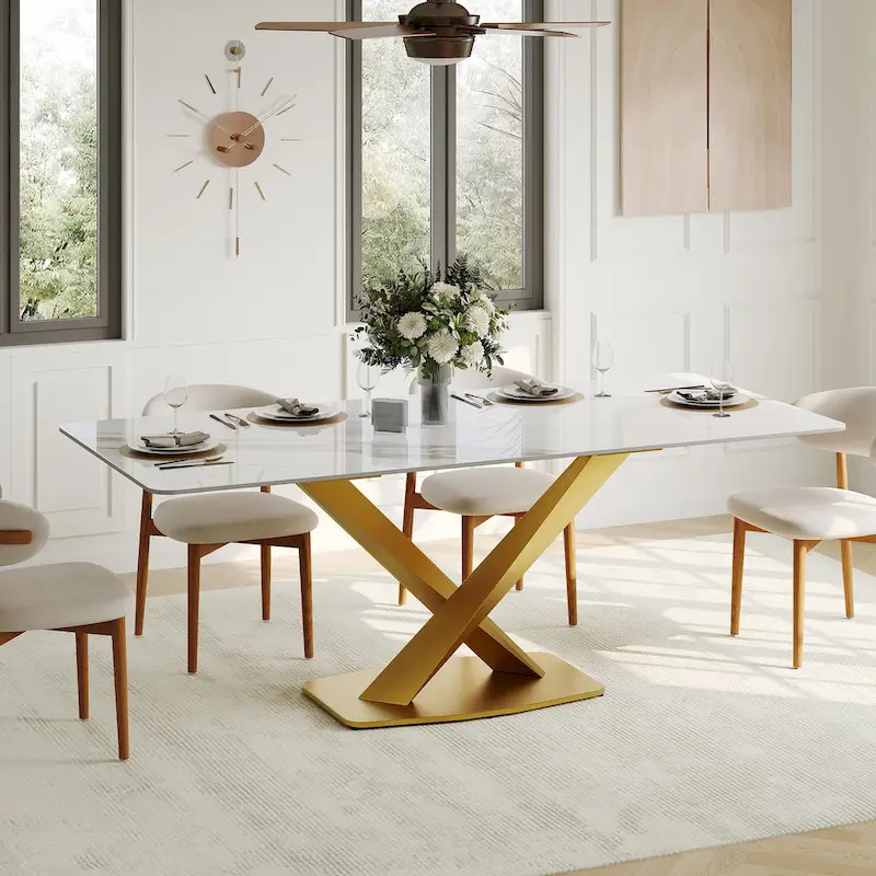 Modern Rectangular Dining table with Glossy Sintered Stone Table top, White Kitchen Table