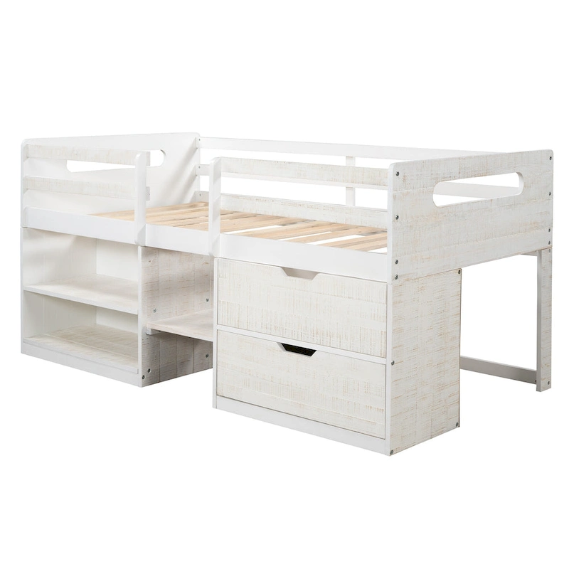 Nestfair Twin Size Loft Bed with Two Shelves and Two drawers