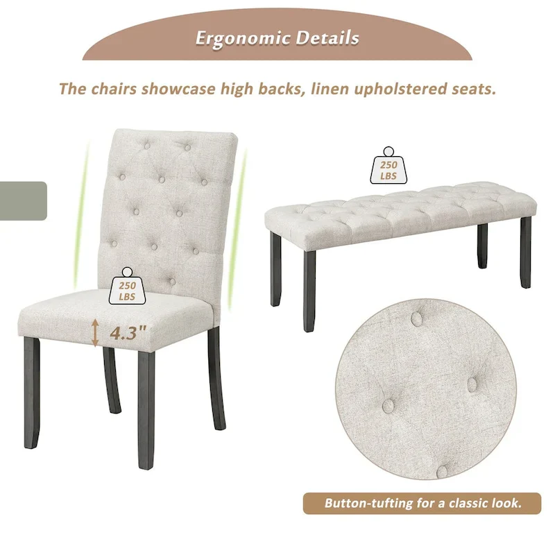 6-Piece Dining Table Set, 72 Rectangular Table, 4 Chairs with Bench