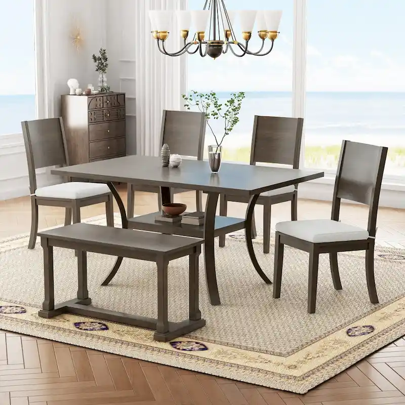 6-Piece Dining Table Set with Storage Shelf and Curved Legs, Kitchen Table Set with Bench and 4 Removable Cushions Dining Chairs